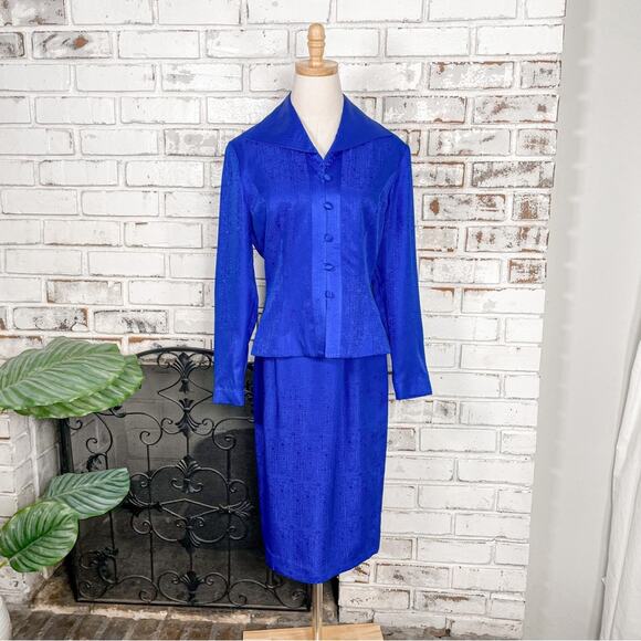 Vintage 90s Adrianna Papell Cobalt Blue Silk Two Piece Skirt Suit Set 6 - Picture 1 of 11
